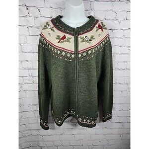 Croft And Barrow Green Winter Birds Embroidered Knit Full Zip Sweater Size XL